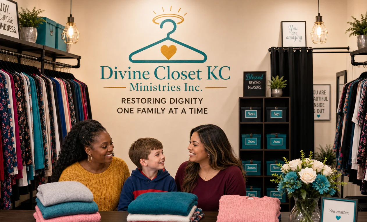 Diverse families shopping at the Divine Closet KC Ministries community closet