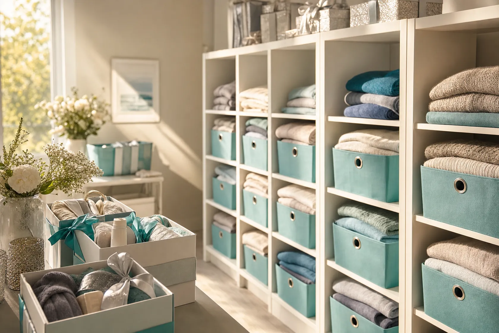 A warm, organized community donation closet with neatly folded clothing in teal and white bins